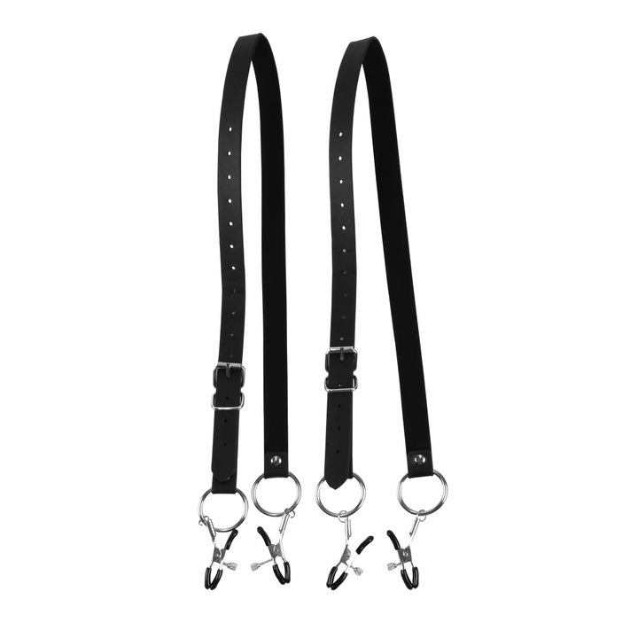 Set cleme BDSM, Ouch!, piele ecologica, ajustabil, negru