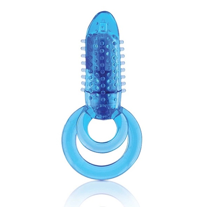 Inele penis - The Screaming O DoubleO 8, vibrator vertical, 2 inele, silicon SEBS, albastru