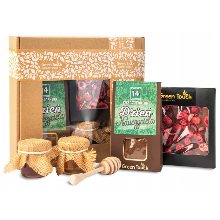 Set cadou cu cafea, GREEN TOUCH, cafea arabica, ciocolata, gem de capsuni, miere, 20x20x5cm