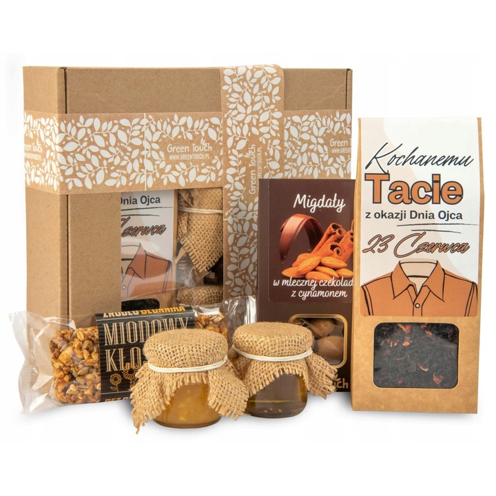 Set cadou pentru tata, Green Touch, dulciuri cu ceai, miere, 20x20x5cm