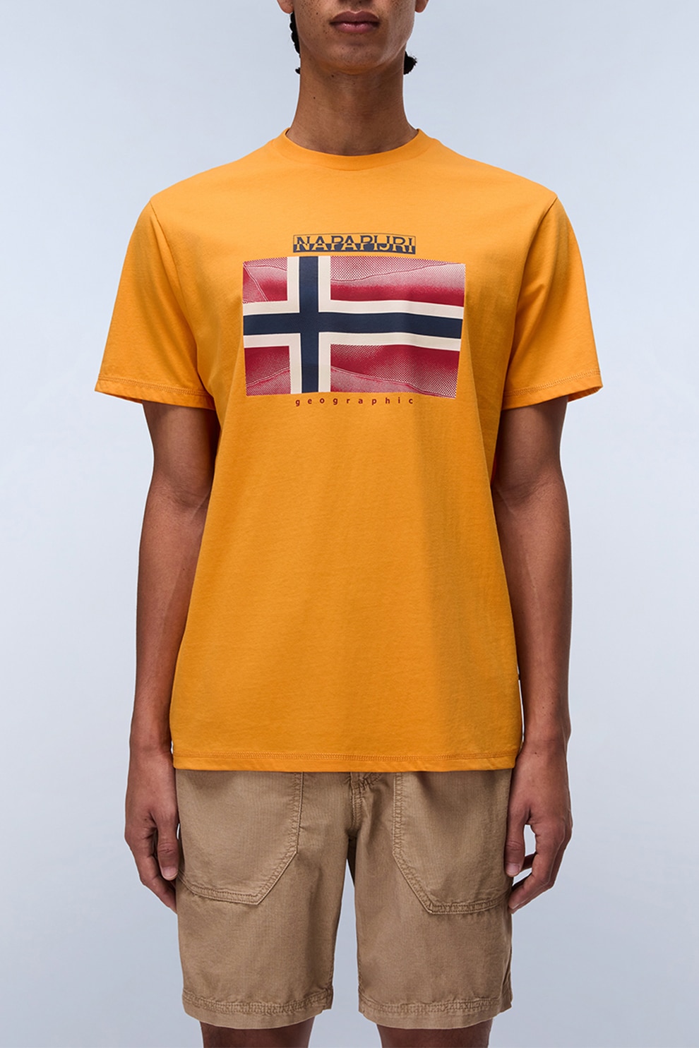 Napapijri, Tricou cu imprimeu logo si decolteu la baza gatului, Portocaliu, Rosu stins, XL