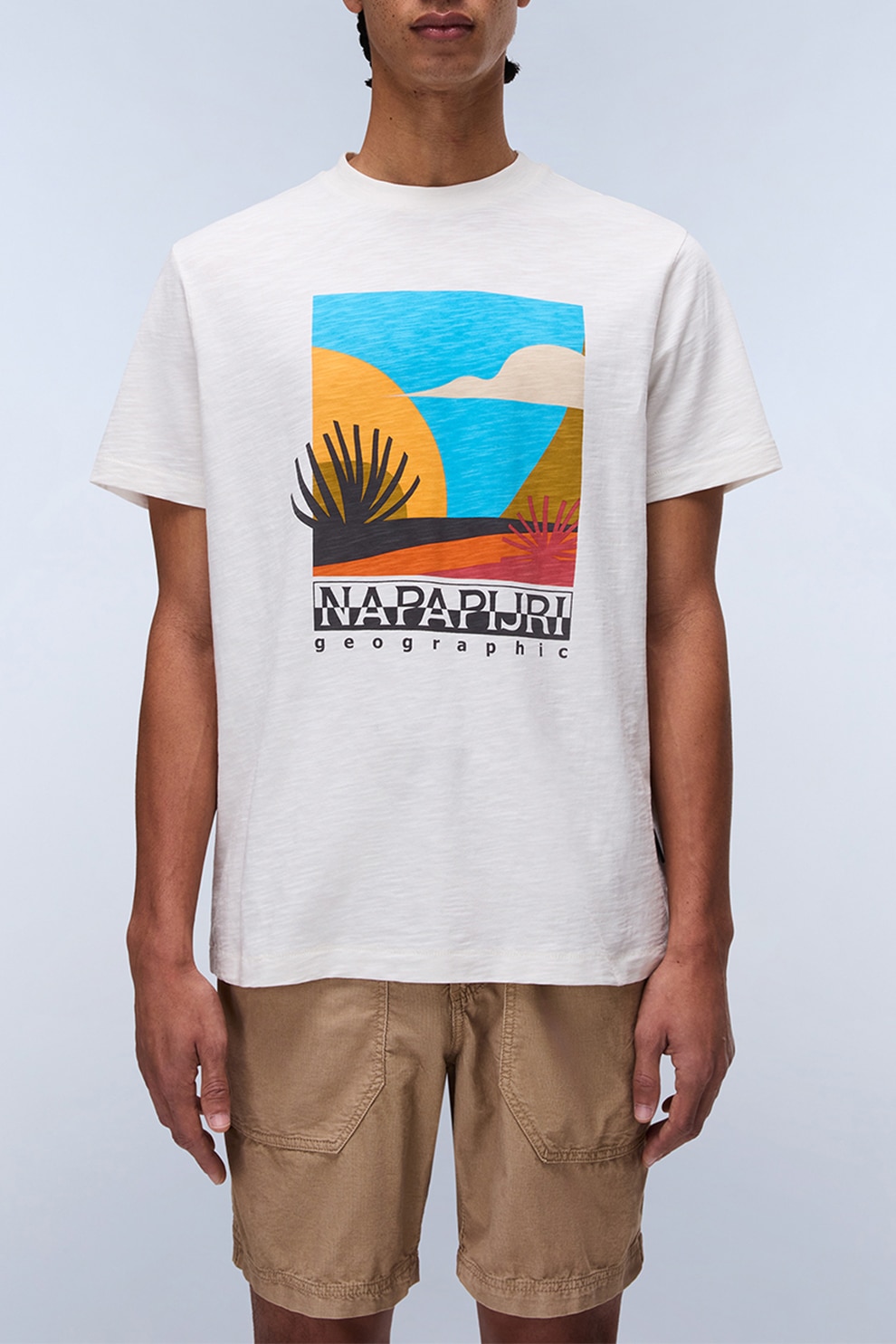 Napapijri, Tricou cu imprimeu grafic, logo si decolteu la baza gatului, Alb, Portocaliu, Albastru, S