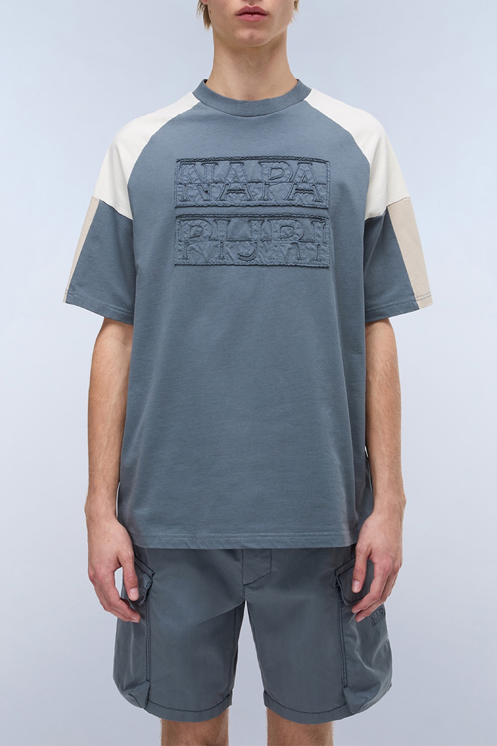 Napapijri, Tricou cu decolteu la baza gatului si imprimeu, Albastru prafuit, Crem, L