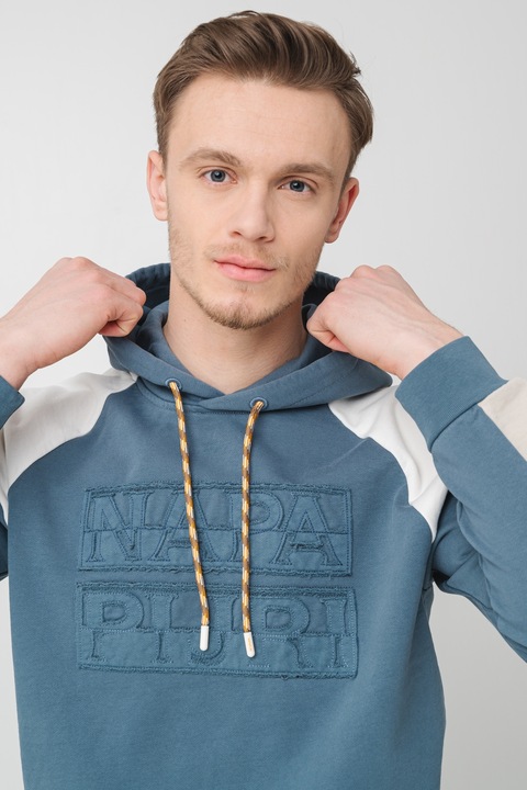 Napapijri, Hanorac colorblock cu logo brodat, Alb/Albastru petrol