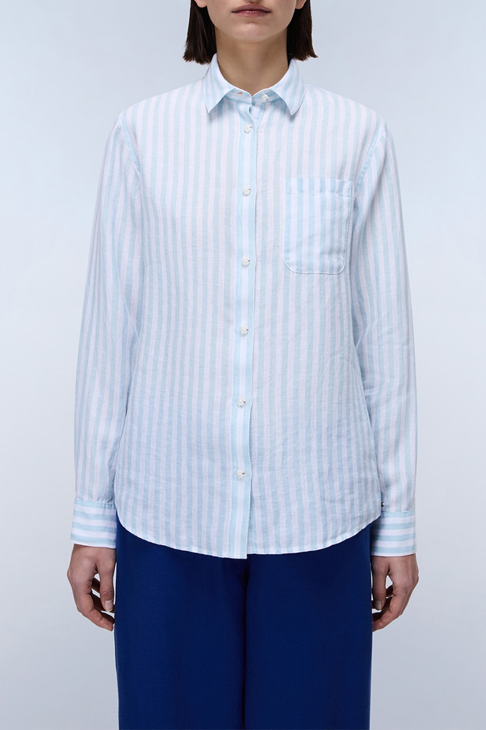 Napapijri, Camasa regular-fit din in cu model in dungi, Alb, Albastru aquamarin, S
