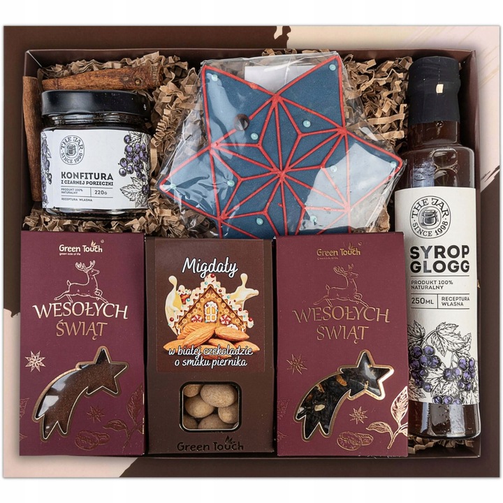 Set cadou Green Touch, cafea 100% arabica, ceai negru cu fructe, migdale in ciocolata alba, 28x25x8cm