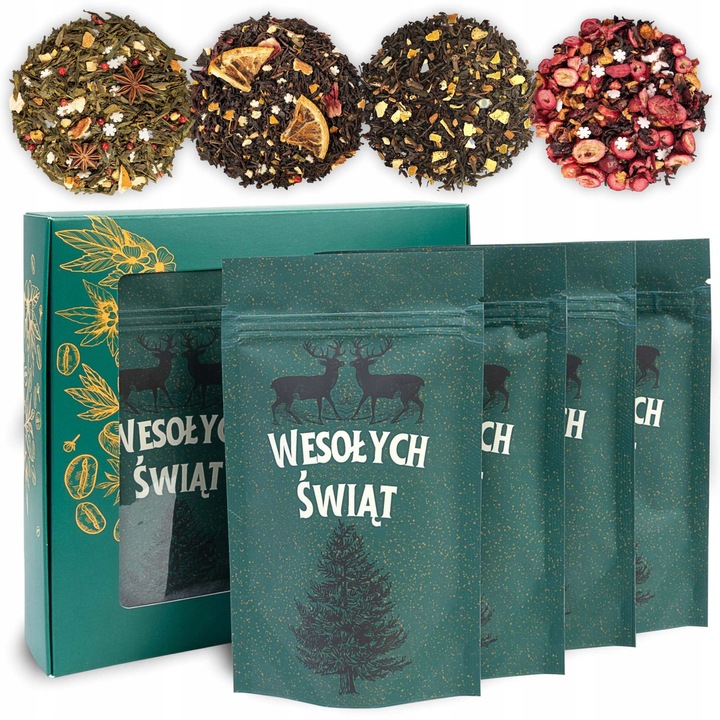 Set ceaiuri de Craciun 4 x 50 g, GREEN TOUCH, cutie cadou, aroma variata, dimensiuni 20x20x5 cm