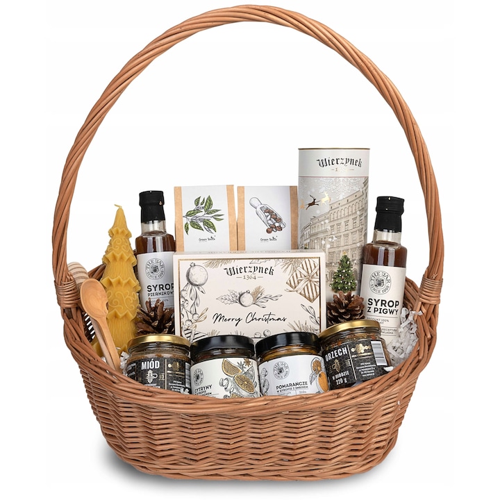 Cos cadou de Craciun Green Touch, cafea, ceai, prajituri, lumanare, 45x49x34x20cm