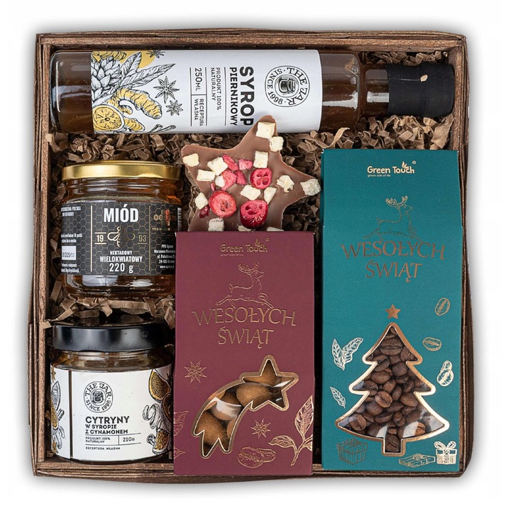 Cos cadou festiv Green Touch, cafea, migdale in ciocolata, sirop de turta dulce, miere, 25x25x8cm