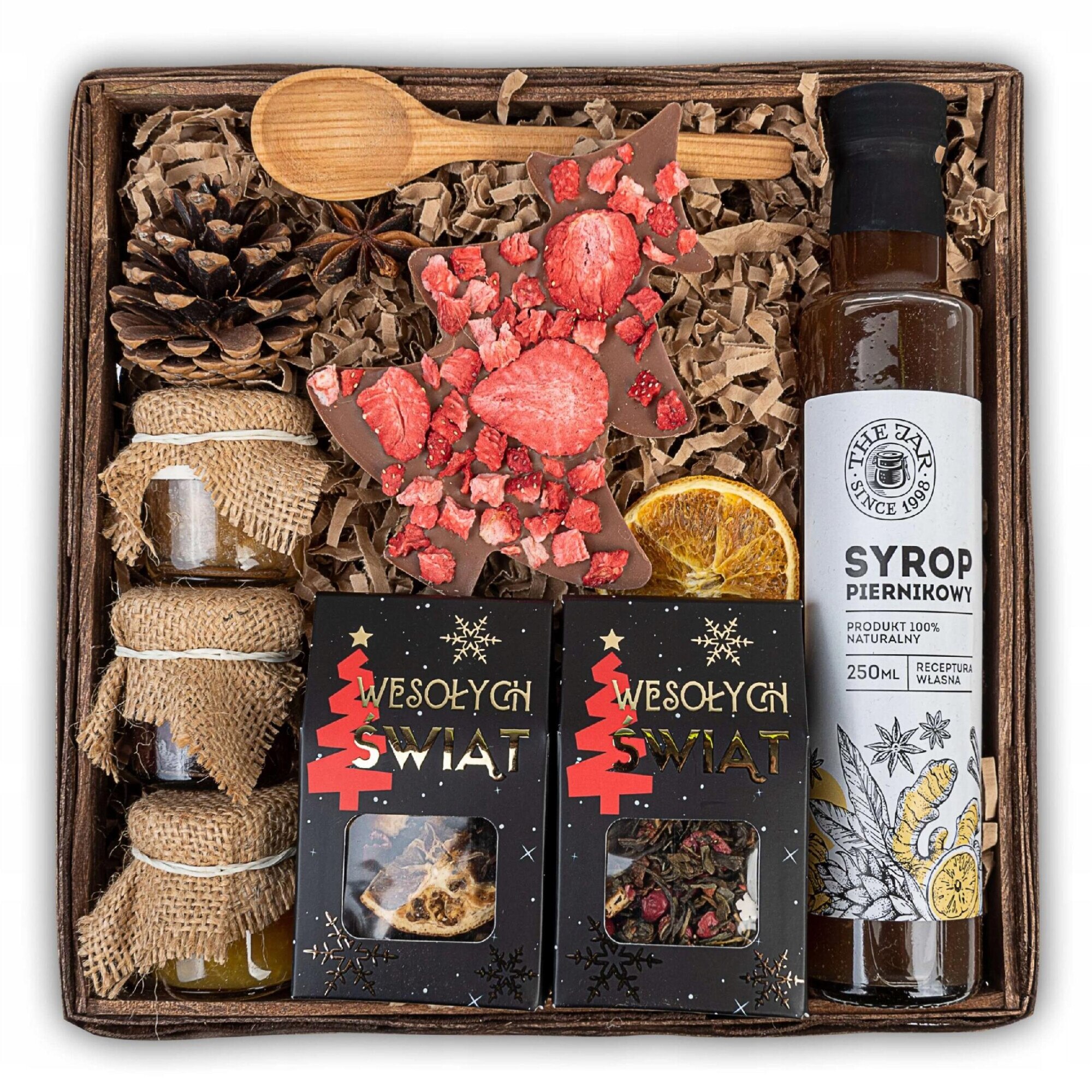 Set cadou de Craciun cu ceai, miere, turta dulce si ciocolata