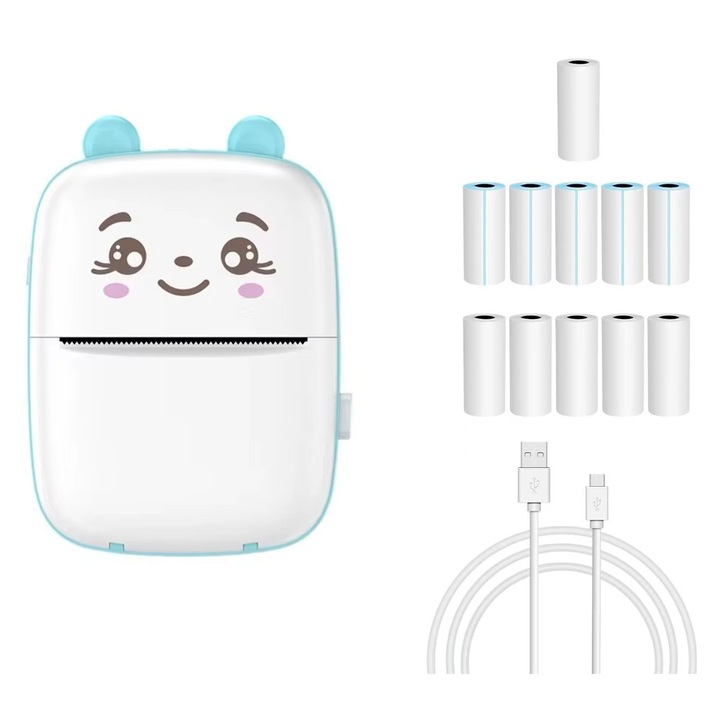 Set Mini imprimanta termica si 10 role hartie 57x25mm, Bluetooth, compatibil iOS/Android, imprimare APP, 1000 mAh, Albastru ABYZ™