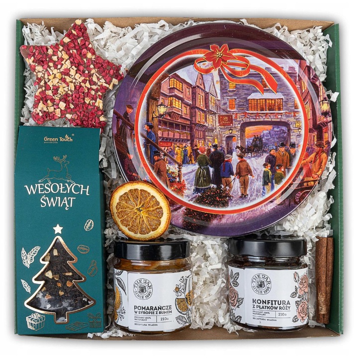 Set cadou ceai Green Touch cu ciocolata, biscuiti, portocale in sirop si gem de petale de trandafir, 27,5x28,5x10cm