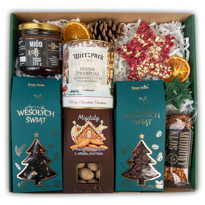 Set cadou delicatese Green Touch, ceai negru, cafea boabe, migdale in ciocolata alba, ciocolata, miere cu cacao, lumanare, 27,5x28,5x10cm