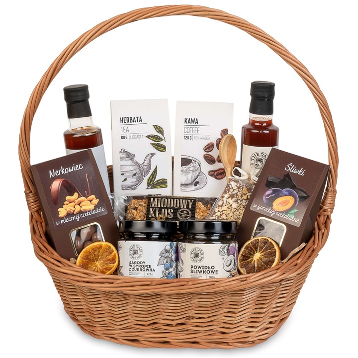 Cos cadou din ratan cu cafea, ceai, fructe uscate in ciocolata, 39x39x27x17cm, Green Touch