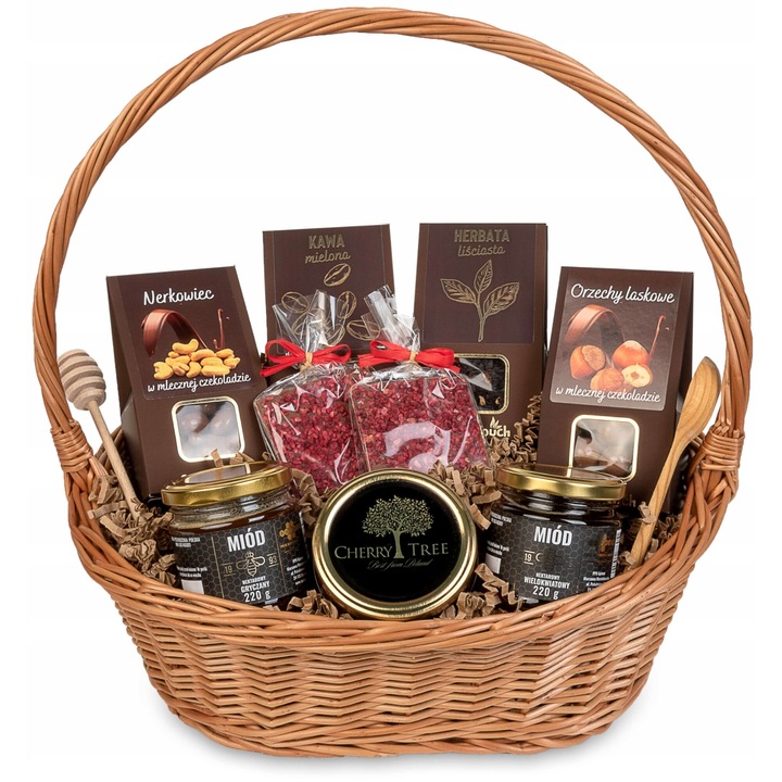 Set cadou cu ceai, cafea si dulciuri, Green Touch, miere, gem, 39x39x27x17cm