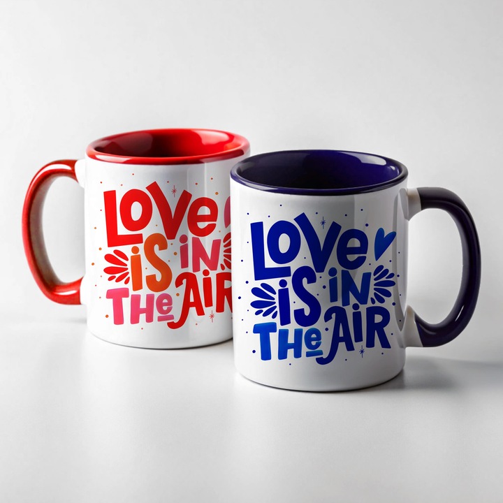 Set 2 cani cu mesaj de dragoste "Love is in the air", Ziua Indragostitilor, idee cadou Valentine's day, Iubire, Sfantul Valentin, Dragobete, ceramica, rosu si albastru, 350ml