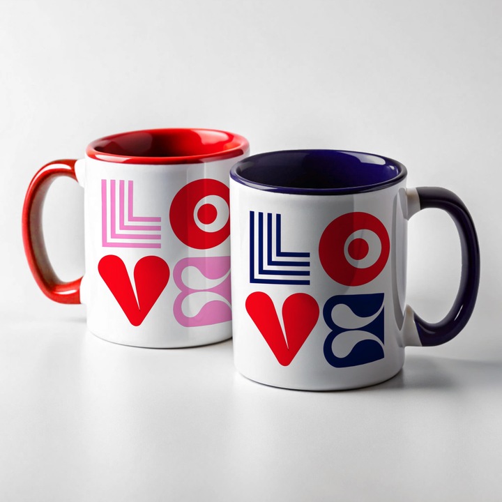 Set 2 cani cu mesaj de dragoste "Love", Iubire, Sfantul Valentin, Dragobete, Ziua Indragostitilor, idee cadou Valentine's day, ceramica, rosu si albastru, 350ml