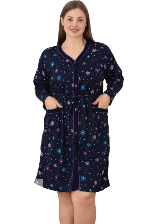 Capot Dama cu Nasturi, Bumbac, Maneca Lunga, Bleumarin inchis