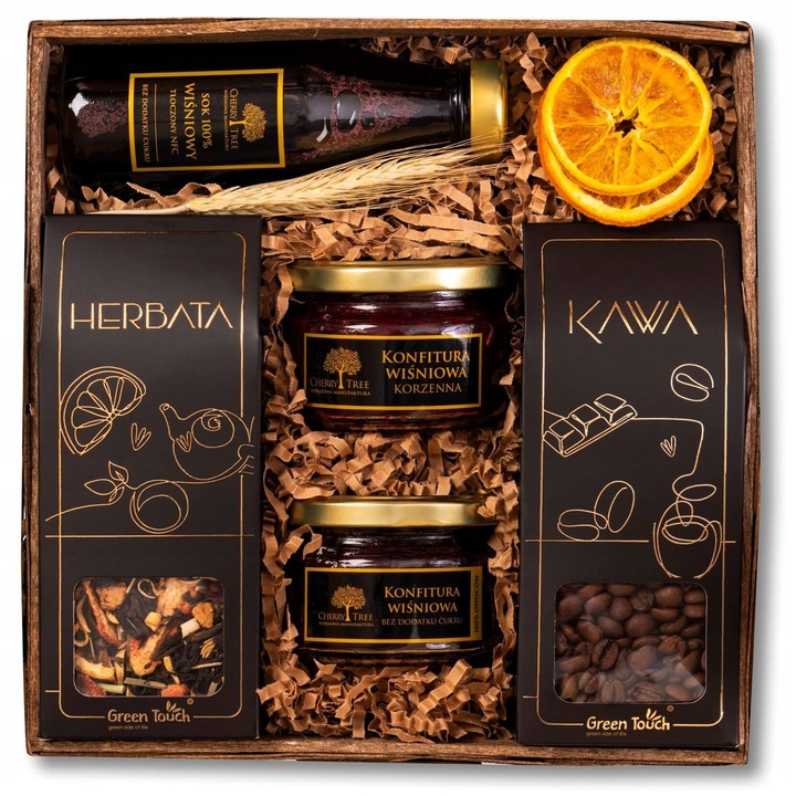 Cos cadou set ceai, cafea, sirop si gem de visine, 25x25x10cm