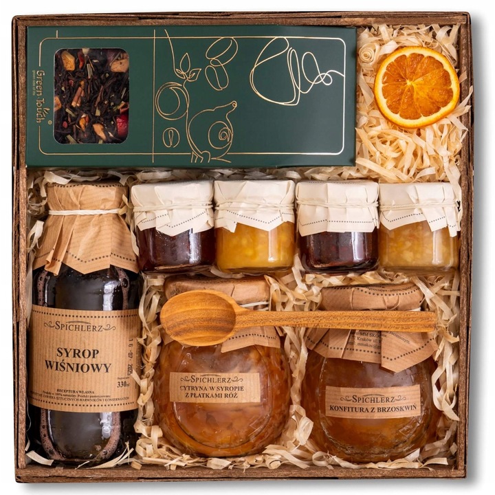 Cos cadou set cu ceai, dulceata, sirop de lamaie, 25x25x10cm, multicolor