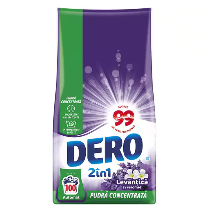 Detergent de rufe automat Dero 2 in 1 Levantica si Iasomie 100 de spalari 7.5kg