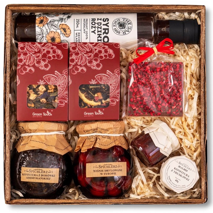 Set cadou cu ciocolata, fructe, gemuri, ceaiuri si sirop natural, 25x25x10cm