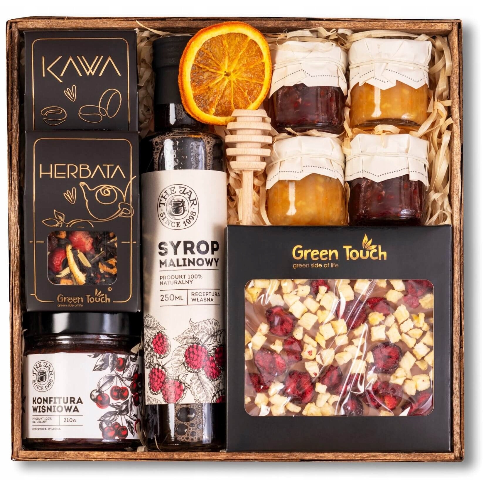 Set cadou Green Touch, ceai, cafea, sirop de zmeura, ciocolata