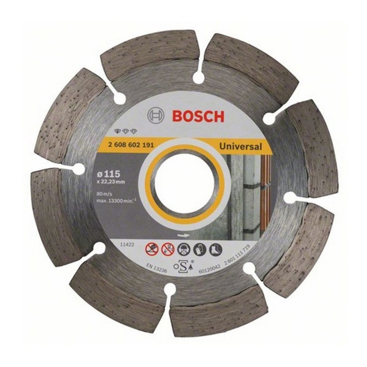 Disc diamantat, cu segmente, pentru debitare beton / piatra, Bosch Standard for Universal, 115 x 22.23 x 1.6 x 10 mm, 2608602191