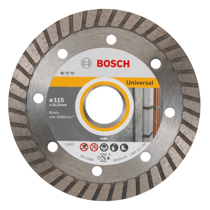 Disc diamantat, continuu, pentru debitare beton / piatra, Bosch Standard for Universal Turbo, 115 x 22.23 x 2 mm, 2608602393