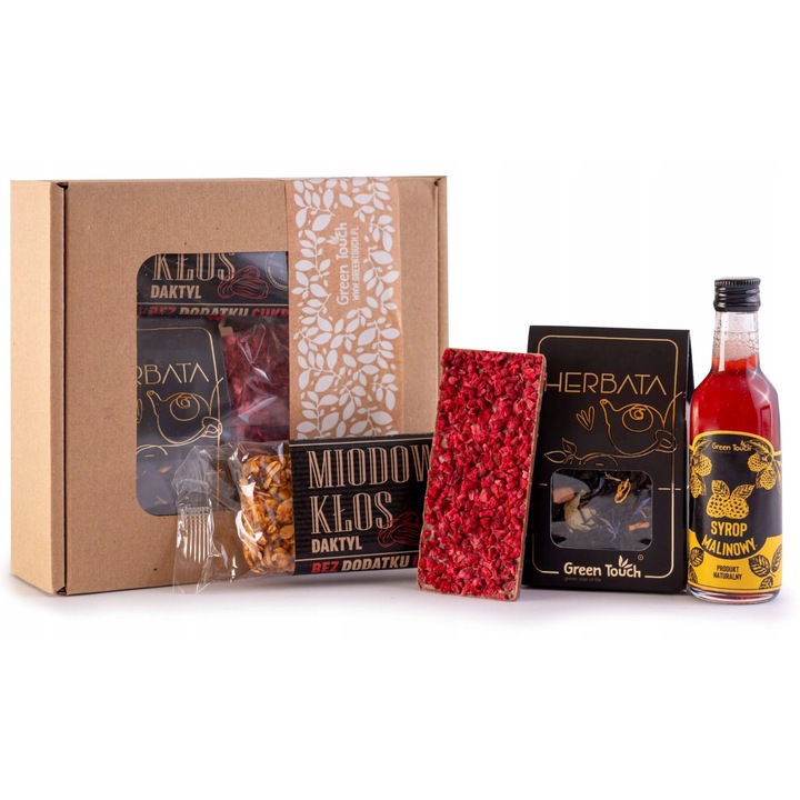 Cutie cadou Green Touch, set sirop malin, ceai premium, ciocolata, baton