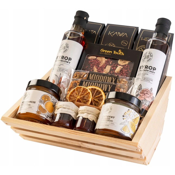 Set cadou Green Touch cu ceaiuri, cafea, ciocolata, siropuri, citrice, batoane, 11x27x26cm