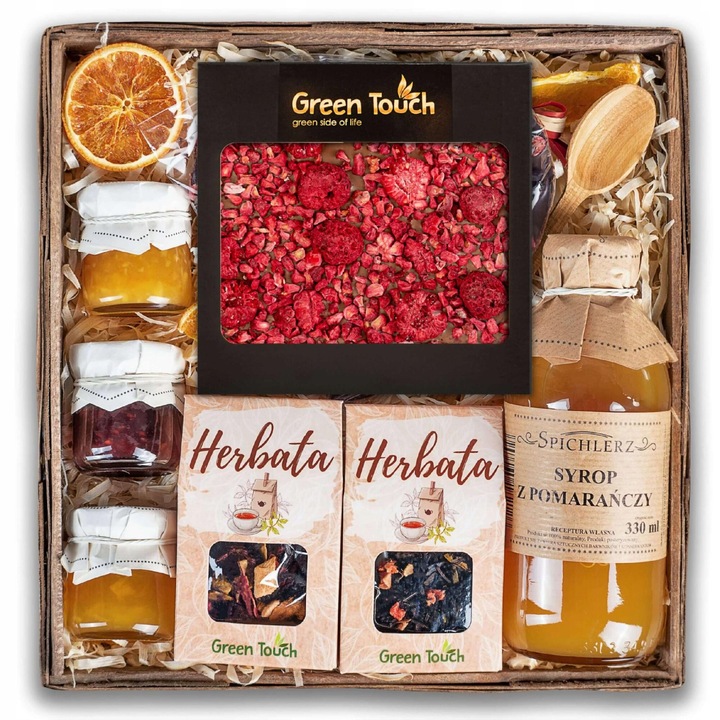 Set cadou cu ceaiuri, Green Touch, ciocolata naturala, gemuri, miere, 25x25x8cm