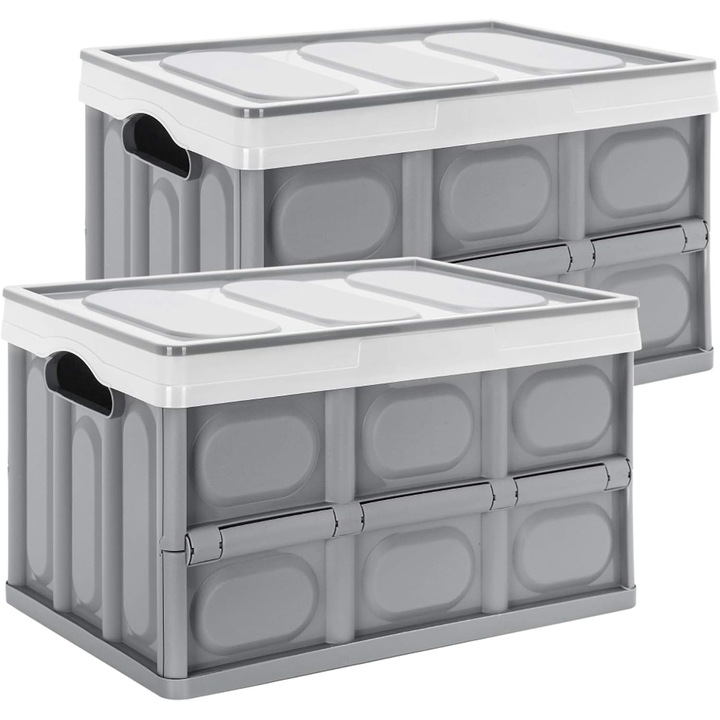 Cutii pentru depozitare, Yorbay, cu manere si capac, pliabile, pentru mutare si transport, 52.5 x 36.6 cm, set de 2, Gri