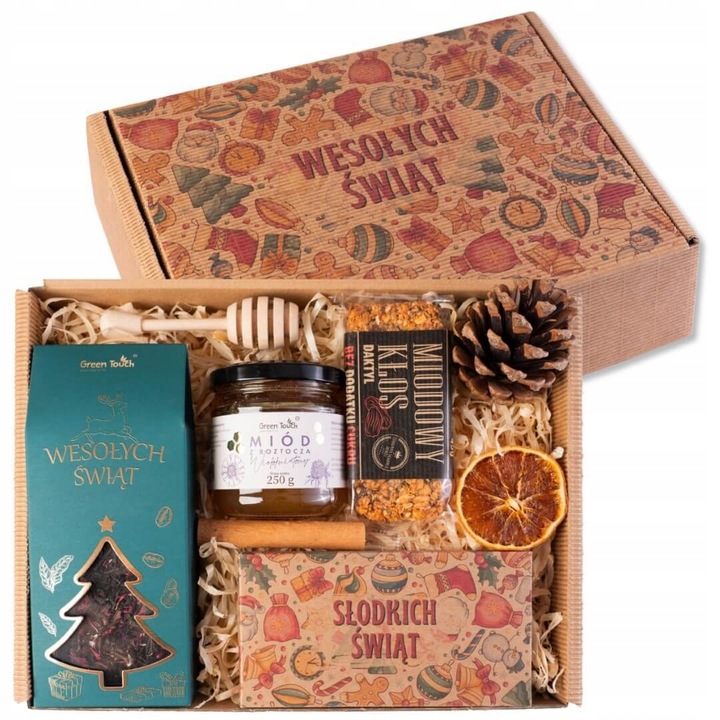 Set cadou sarbatori, GREEN TOUCH, ceai, ciocolata, miere, baton, 25x20x7cm