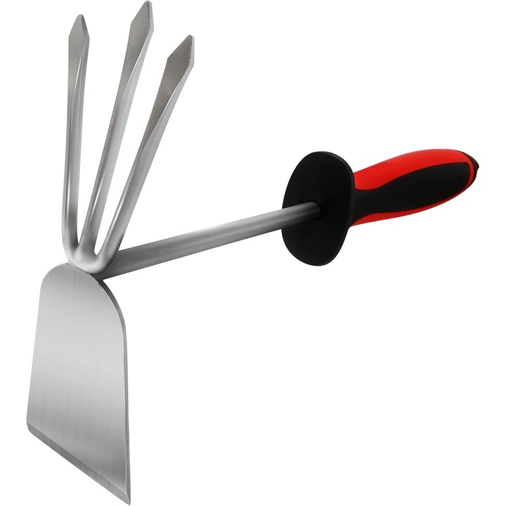Mini sapaliga dubla, FLORA GUARD, cu 3 dinti si capat plat, maner ergonomic, din cauciuc anti alunecare, pentru afanarea solului si buruienilor, din otel inoxidabil