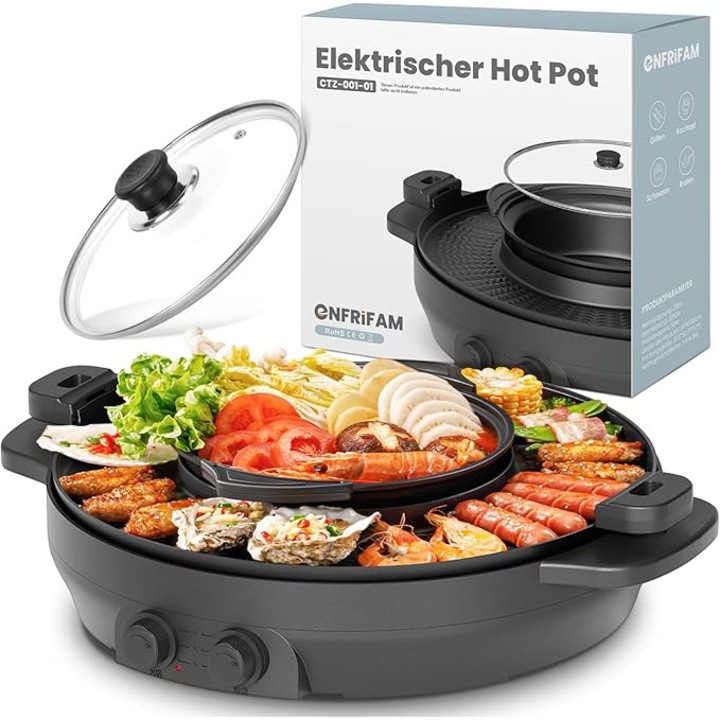 ENFRIFAM 2200W електрически тиган и тенджера, 2 в 1 тенджера, подвижен, бездимен, за 2-8 души