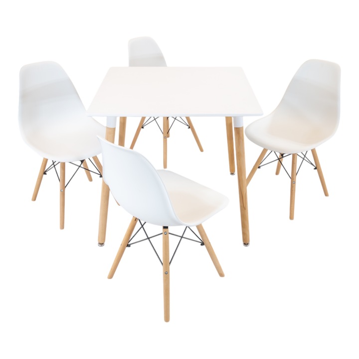 Set masa Koln alba cu 4 scaune Malmo alb, DENVER, blat MDF alb, forma patrata, 80x80x74 cm