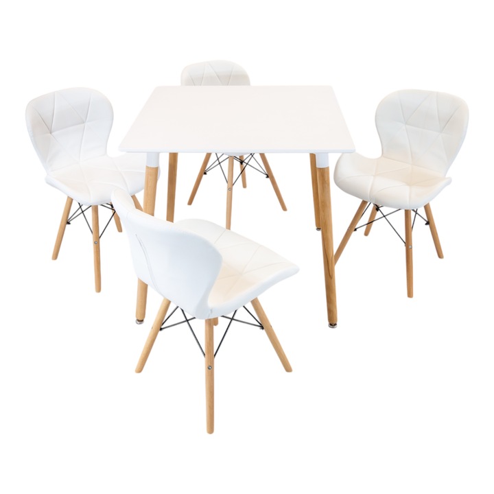 Set masa Koln alba cu 4 scaune Oslo alb, DENVER, blat MDF alb, forma patrata, 80x80x74 cm