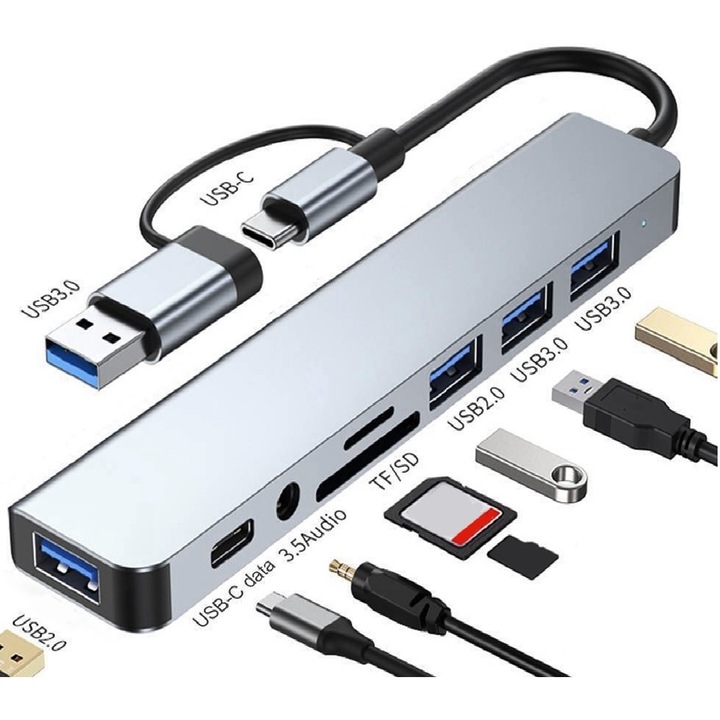 HOPE R хъб USB-C мултипортов, 8 в 1, 2 броя USB 3.0 тип A, 2 броя USB2.0 тип A, 1 брой USB3.0 тип C, четец на SD/TF карти, 3,5 мм аудио жак