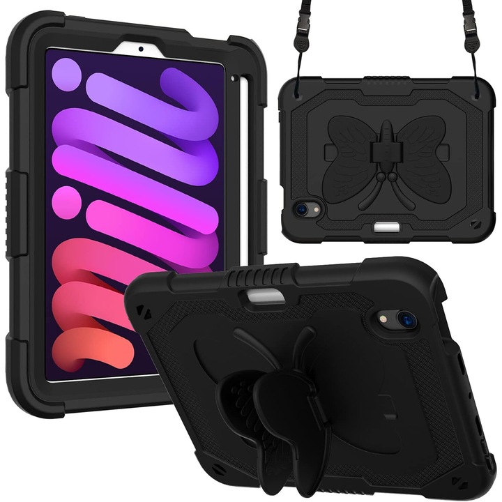 Husa tableta, pentru iPad Mini 6, cu suport, negru, 8.3 inch