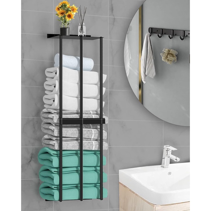 Suport pentru prosoape, BARONAGE, inox, 3 bare, negru, 75x21.5x14 cm