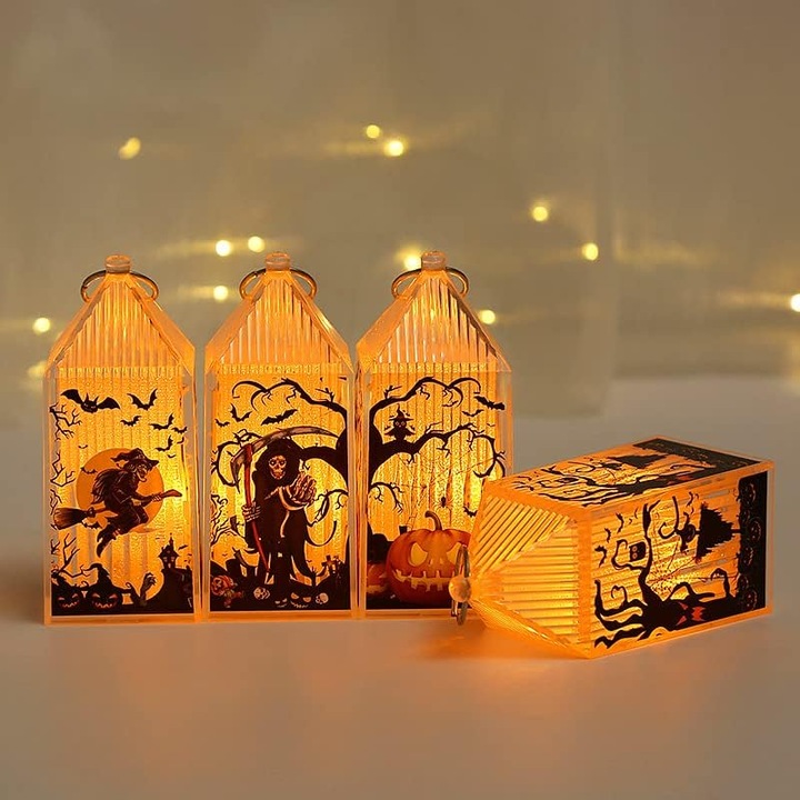 Set 4 felinare Halloween, LED, fara flacara, negru/portocaliu, 4x4x9cm