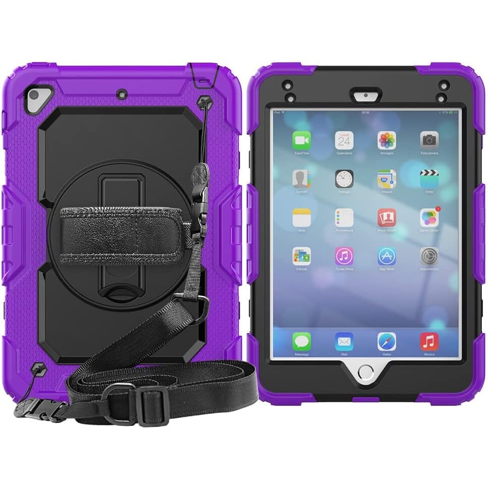 Husa tableta, pentru iPad 9.7inch, mov/negru, cu suport si curea reglabila, trei straturi de protectie