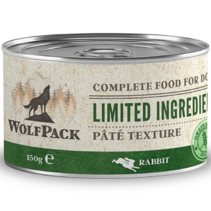 Hrana umeda pentru caini, Wolfpack LTD, Adult, Iepure, 150g