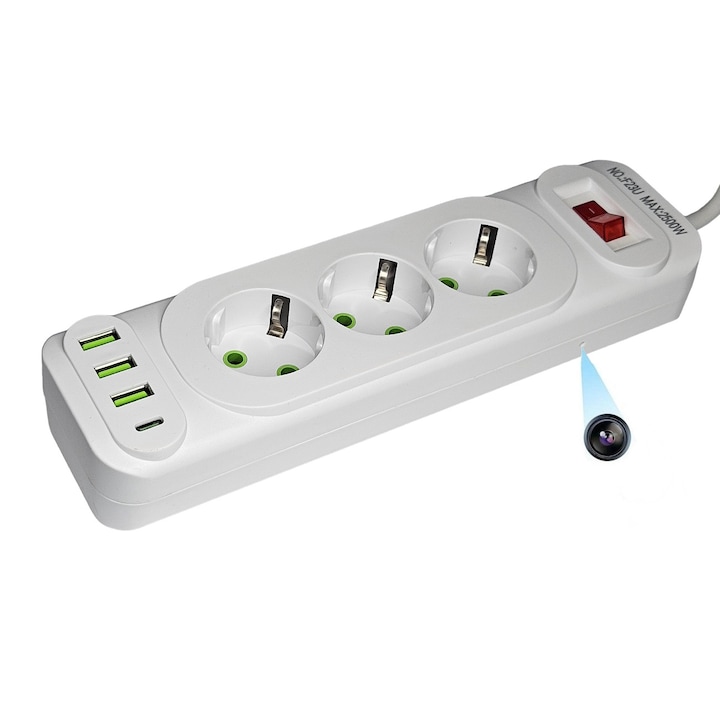 Mini Spy WI-FI kamera hosszabbító kábel, rejtett töltő, 3 aljzat, 3xUSB, 1x Type C, mikrofon, 1080P, mozgásaktiválás, onshop, fehér