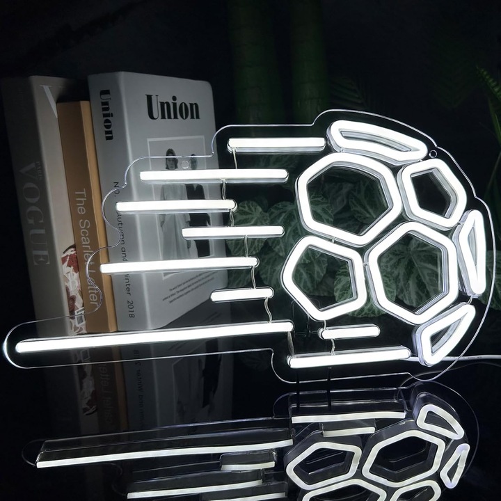 Decoratiune luminoasa LED neon, minge fotbal, lumina alba, 40 x 26 CM