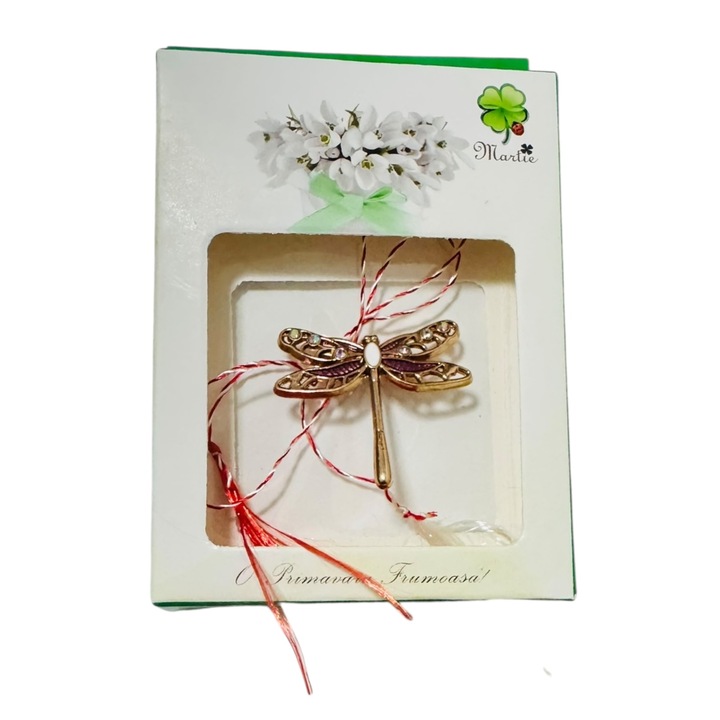 Brosa Martisor Libelula Auriu / Roz cu Cristale Colorate – Accesorii Elegante, Ambalaj Premium, Cadou Traditional de 1 Martie