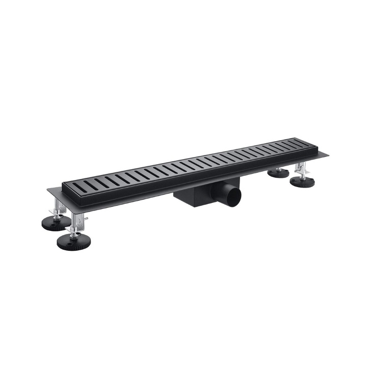 Rigola de dus Kruger, Inox, Ø 40 mm, L 900 mm, Cu sifon de scurgere, Sita detasabila, Picioare reglabile, Membrana impermeabila, Rezistenta la coroziune si temperatura, Negru-Mat