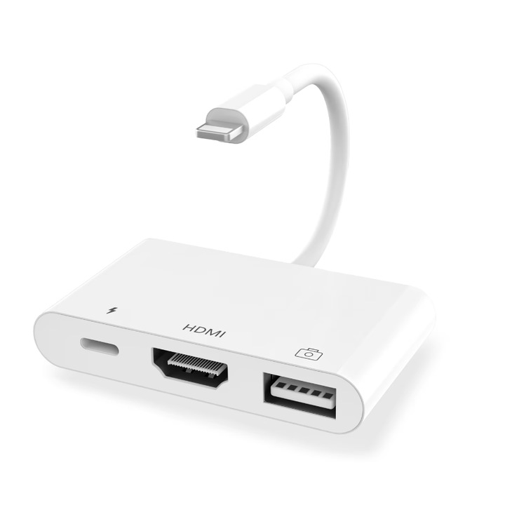 Адаптер 3 в 1, с HDMI порт, USB 3.0, USB C сплитер за зареждане, бял