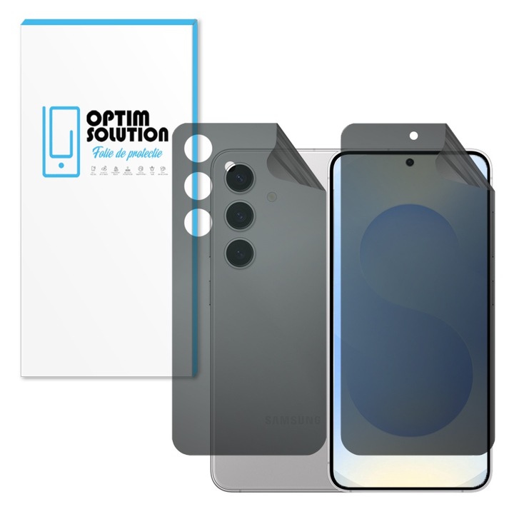 Folie Hydrogel PRIVACY Regenerabil Fata-Spate pentru Samsung Galaxy S25+, OPTIM SOLUTION, Anti-Spy, High Sensitivity, UHD Clarity, Shock Absorption, Flexible Hydro-Crystal, Increased Intimacy, Elite Class Protection, Oleophobic Function, Negru